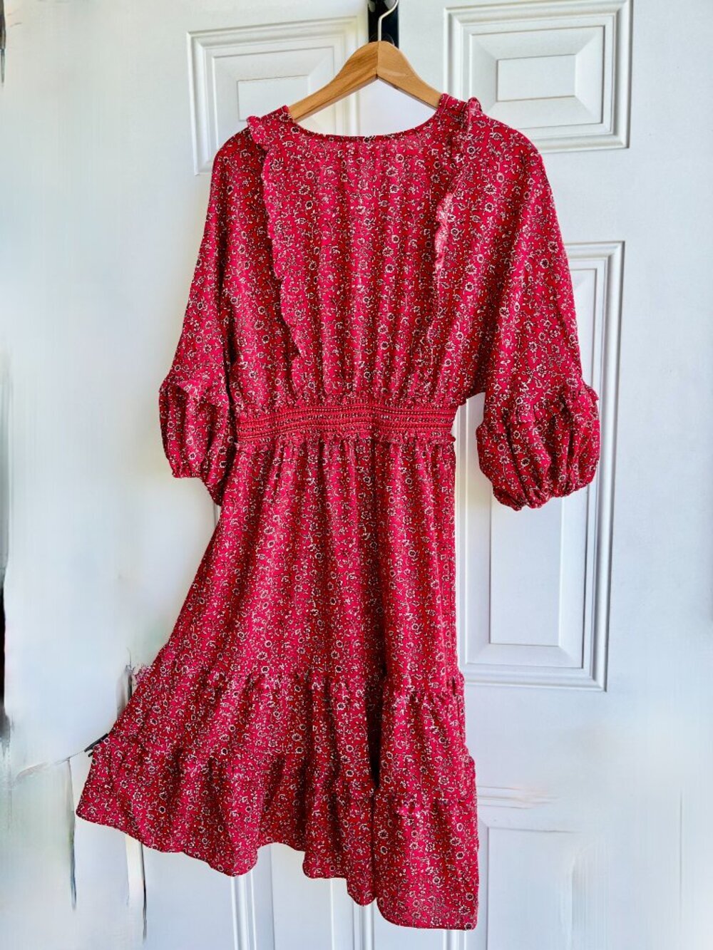 NWT Max Studio Red Floral Smocked Midi Dress Cottagecore Boho Comfy Flowy XL - Picture 4 of 11